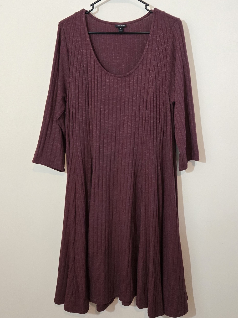 Torrid Ribbed Plum 3/4 Sleeve Skater Dress with Scoop Neck